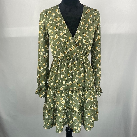 Inspired Hearts Dresses & Skirts - Inspired Hearts Long Sleeve Green Floral with Ruffles and Wrap Front